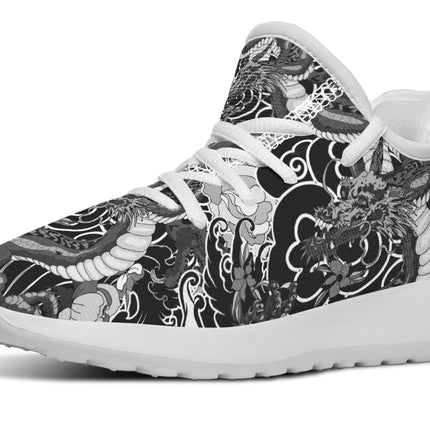 Black And White Japanese Dragon And Flowers