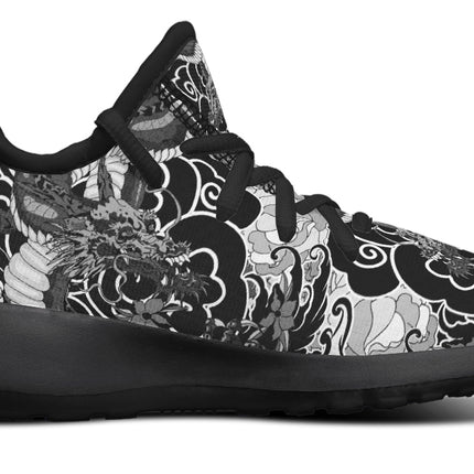 Black And White Japanese Dragon And Flowers