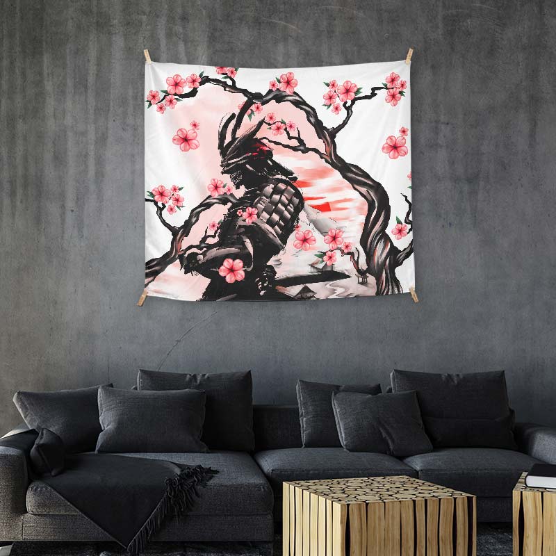 Japanese Samurai And Pink Flowers Tree
